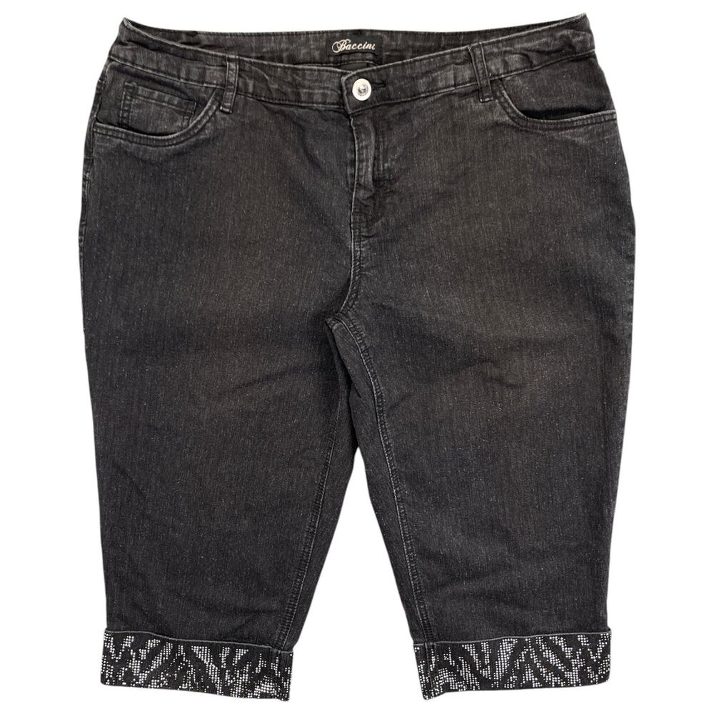 Baccini women’s Plus Size Black Denim Capri Pants 16W Glitter Rhinestone Cuffs